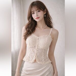 Ivory Lace Smocked Button Front Cami Sheer Cottagecore Fairycore Coquette Sz S